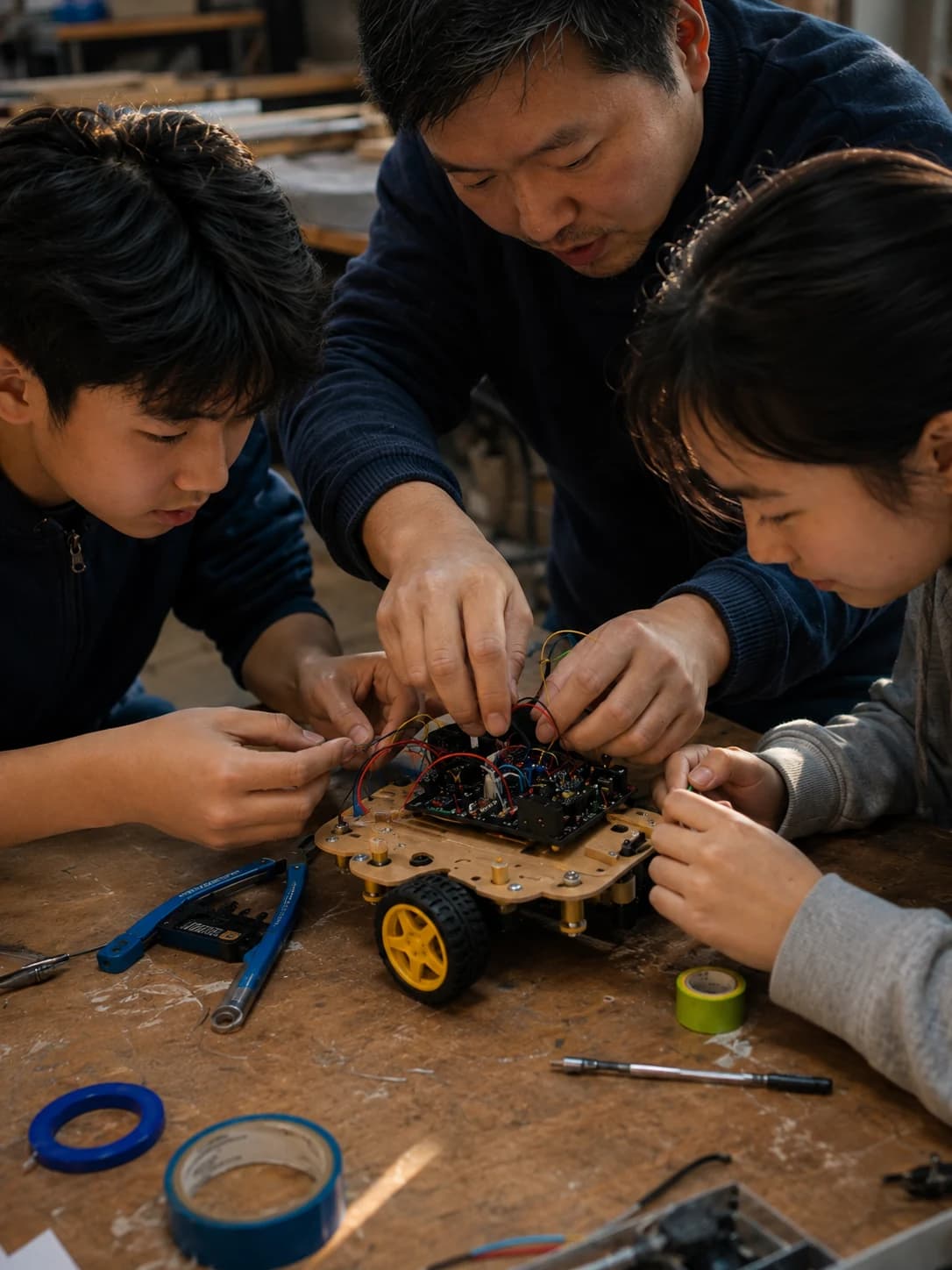 一名导师陪伴两名学生组装并调试轮式机器人原型