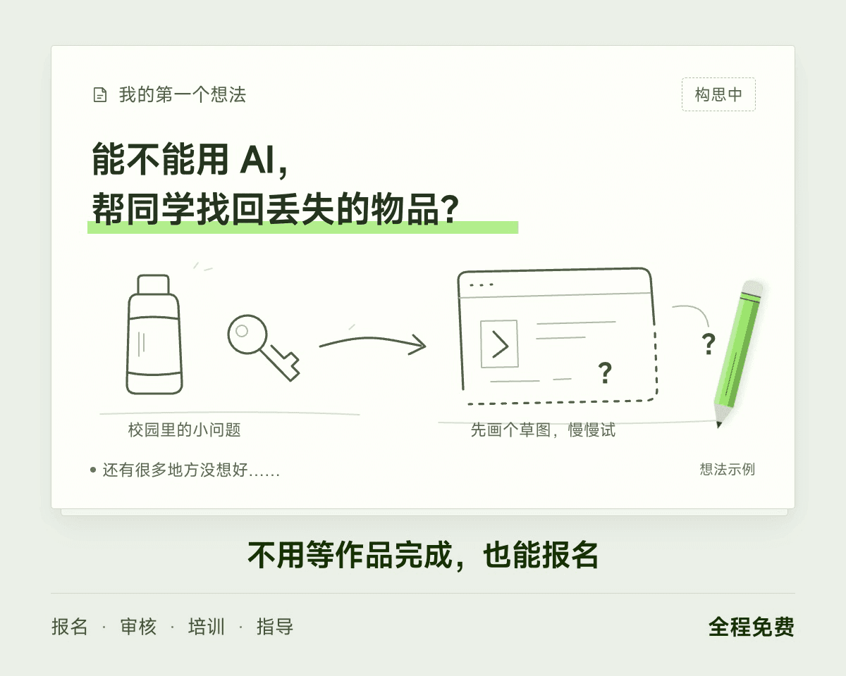 铅笔把校园失物招领的想法画成未完成的草图,说明不用等作品完成也能报名,报名、审核、培训和指导全程免费